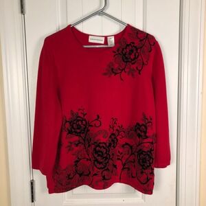 Alfred Dunner Womens Sweater Size XL Red Embroidered Holiday Romantic Granny 3/4